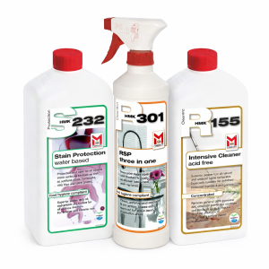 HMK M521 Natural Stone Care Set with R155 Intensive Cleaner, S232 Stain Protection, and P301 RSP for cleaning, protecting, and maintaining natural stone surfaces