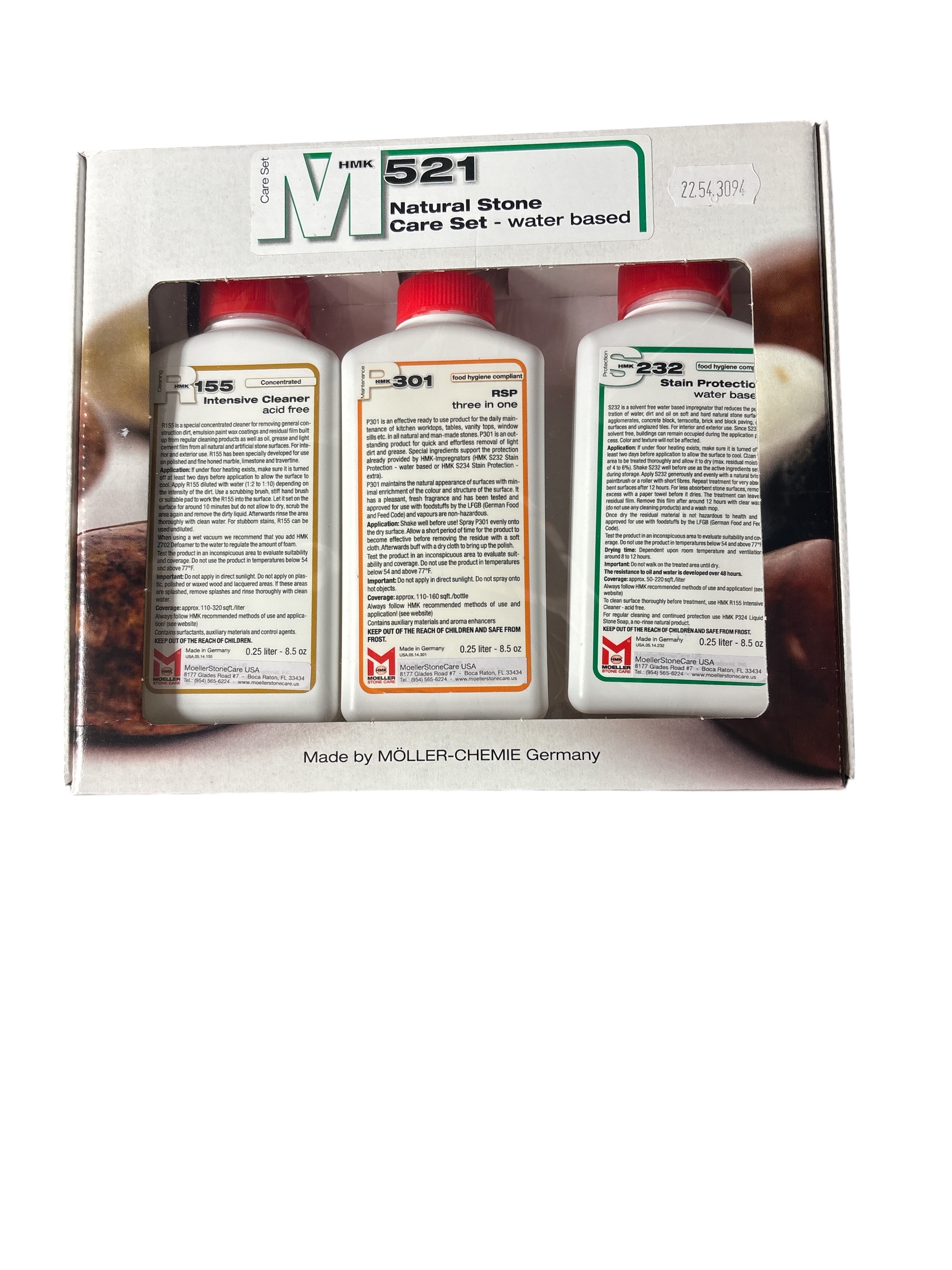 moeller HMK M521 Natural Stone Care Set with R155 Intensive Cleaner, S232 Stain Protection, and P301 RSP for cleaning, protecting, and maintaining natural stone surfaces